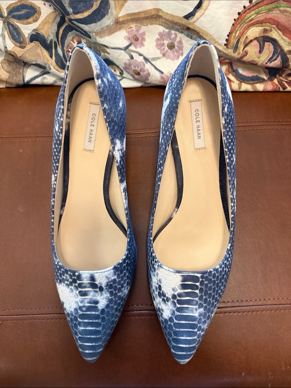Cole Haan Blue-Gray Snake-Print Pointed Toe Pumps